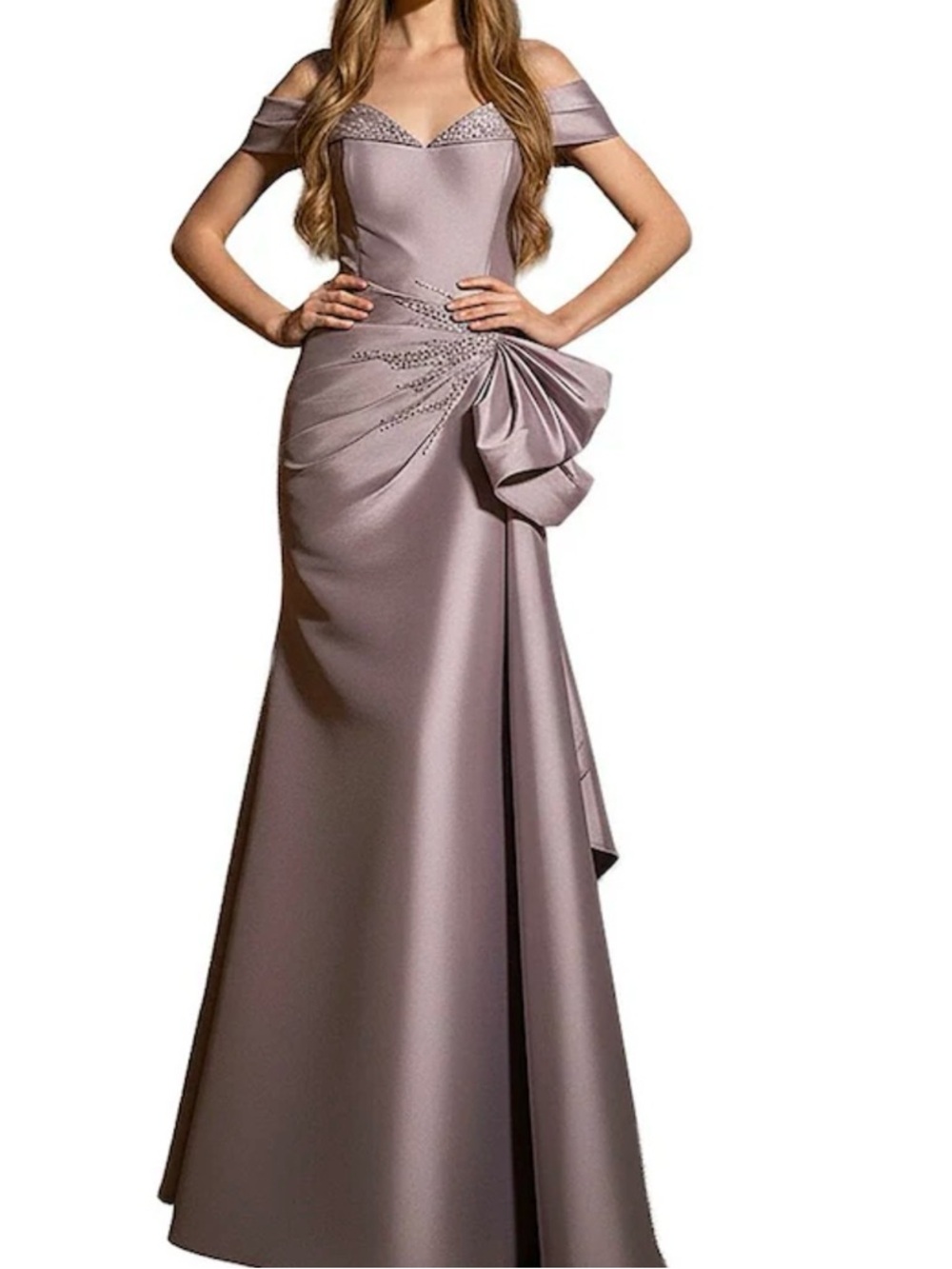 Terani Couture Off-Shoulder Satin Gown in Mauve with Side Bow